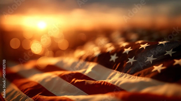 Fototapeta American Flag Waving at Sunset with Bokeh Light