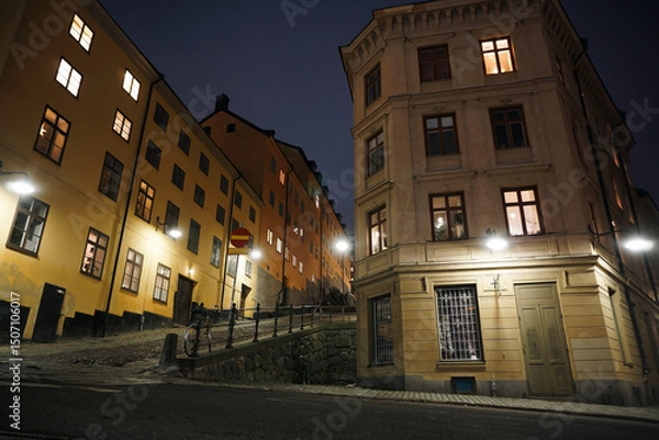 Obraz View of buildings in city during night