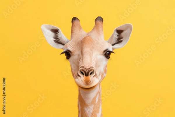 Fototapeta A close-up of a giraffe's face against a vivid yellow background, showcasing its distinctive features and captivating expression.