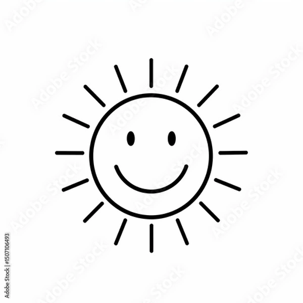 Fototapeta Minimalist line art of a smiling sun with rays. Cute and cheerful black outline on white background, perfect for kids, weather icons, or playful graphic design projects.