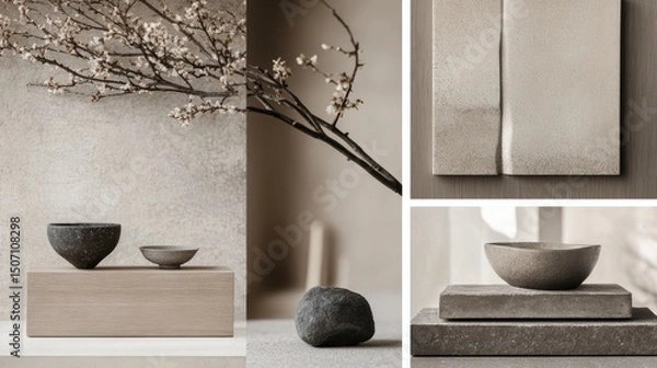 Obraz moodboard of interior design, Scandinavian, Japandi styles in light beige