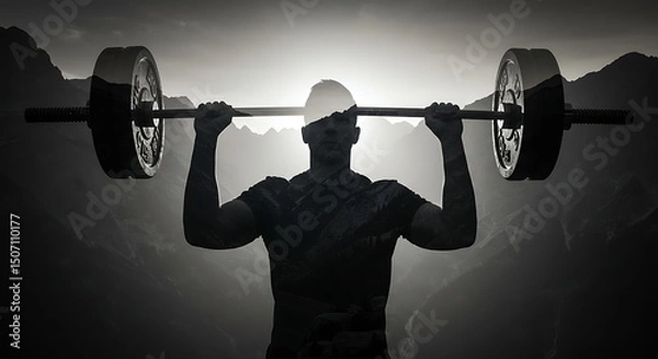 Fototapeta silhouette of man lifting barbell with mountain overlay for strong gym double exposure poster