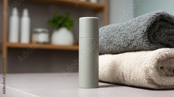 Fototapeta Skincare Bottle Beside Neatly Folded Towels in a Modern Bathroom Setting During Daylight Generative AI