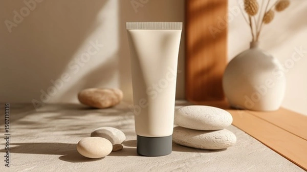 Fototapeta Elegant Skincare Product Displayed With Natural Stones and Warm Lighting in a Minimalist Setting Generative AI