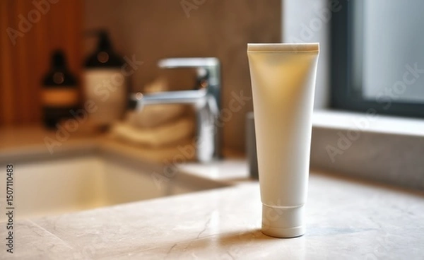 Fototapeta Minimalist Skincare Product Displayed on a Marble Countertop Near a Modern Faucet in a Bright Bathroom Setting Generative AI