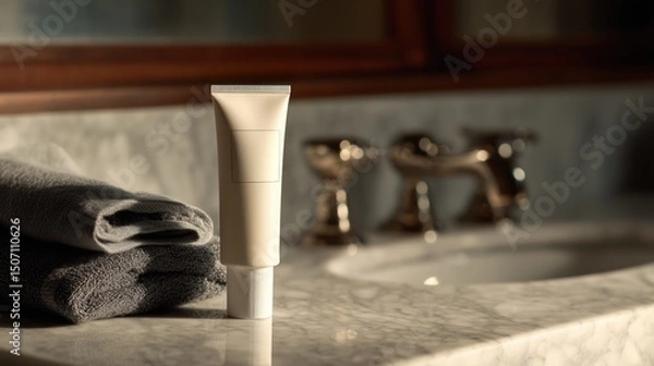 Fototapeta Luxury Skincare Product Placed Elegantly on a Marble Countertop Beside Fluffy Gray Towels in a Tranquil Bathroom Setting During the Morning Light Generative AI