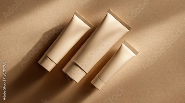Fototapeta Elegant Arrangement of Skin Care Tubes on a Smooth Surface in Natural Light Highlighting Their Minimalist Design Generative AI
