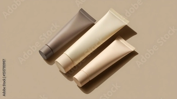 Fototapeta Skincare Tubes Arranged on a Smooth Surface Showcasing Different Shades and Sizes Under Soft Light Generative AI