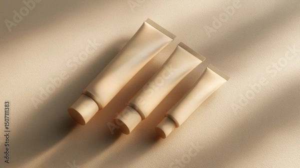 Fototapeta Elegant Arrangement of Three Cream Tubes on a Soft Surface Captured in Natural Light During Morning Hours Generative AI