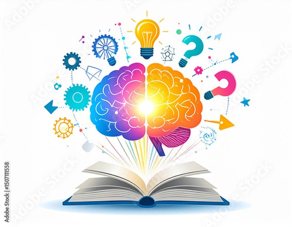 Fototapeta Brainstorming concept Illusration with floating icons converging toward a brain