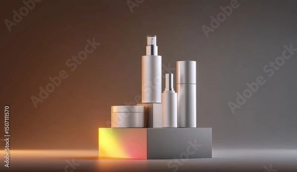 Fototapeta Various Sleek Cosmetic Containers Arranged on a Minimalist Platform With a Warm Illumination Effect Generative AI