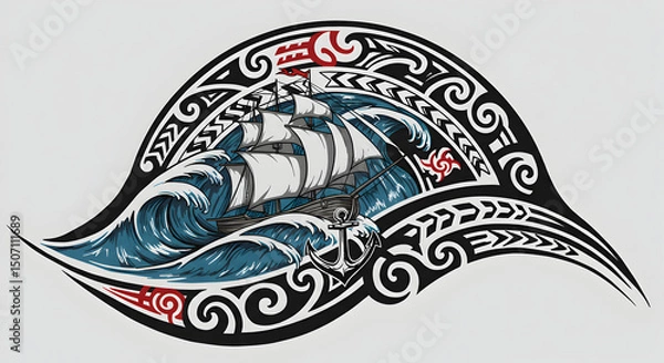 Fototapeta Illustration of a Polynesian-inspired ship sailing through tumultuous ocean waves