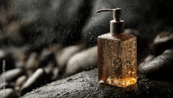 Fototapeta Clear Liquid Soap Dispenser on Wet Stones During Light Rain, Capturing a Serene Moment in Nature Generative AI