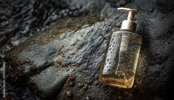 Fototapeta Elegant Clear Bottle of Liquid Soap Resting on a Textured Dark Rock Near Flowing Water During Daylight Generative AI