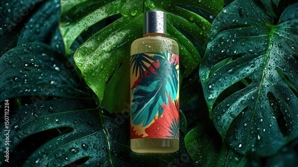 Fototapeta Colorful Tropical Lotion Bottle Placed Among Lush Green Leaves With Water Droplets in a Serene Setting Generative AI