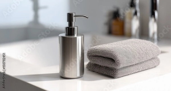 Fototapeta Modern Bathroom Setting Featuring a Sleek Soap Dispenser and a Plush Towel on a Marble Countertop Generative AI