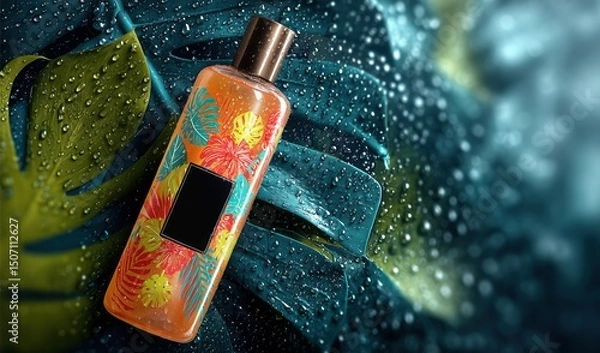 Fototapeta Colorful Tropical Shower Gel Bottle Resting on a Vibrant Leaf Surface Adorned With Droplets of Water Generative AI