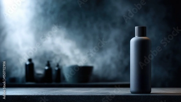 Fototapeta Stylish Black Bottle on a Dark Countertop With Blurred Background Elements in a Modern Setting Generative AI