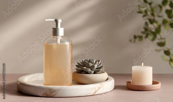 Fototapeta Decorative Arrangement of Soap Dispenser, Candle, and Succulent on Marble Tray in Serene Indoor Setting Generative AI