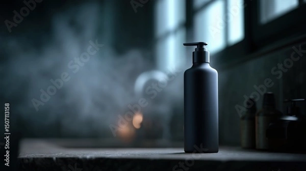 Fototapeta Minimalist Black Bottle on a Bathroom Countertop in Soft, Dim Lighting With Steam in the Background Generative AI