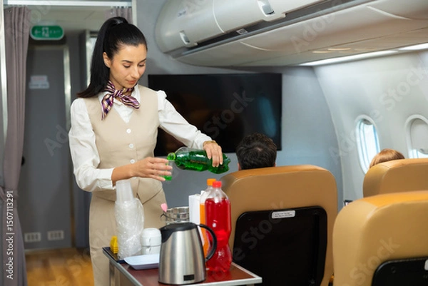 Fototapeta working serving drinks : Stewardess Cabin crew or air hostess working in airplane cabin. Caucasian Female steward serving glass of water for passengers on board. Flight attendant and Cart on airplane