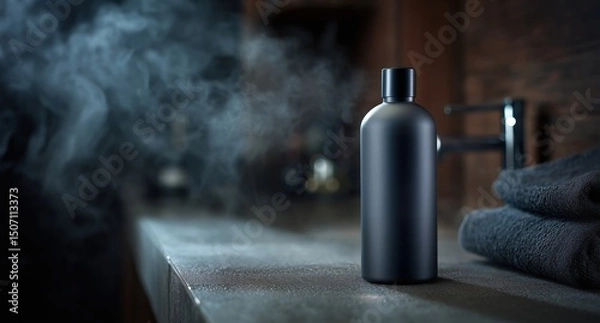 Fototapeta Moody Bathroom Setting With a Dark Bottle Surrounded by Soft Towels and Steam at Dusk Generative AI