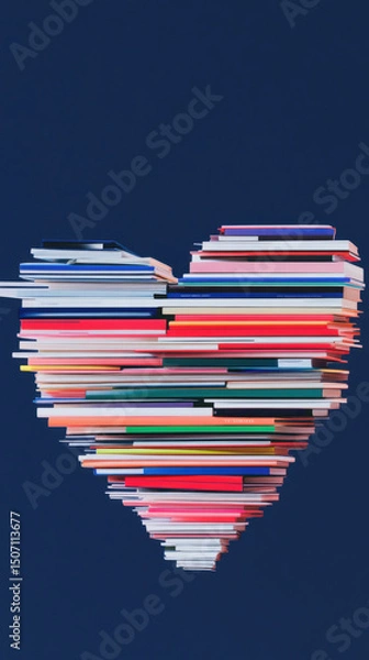 Fototapeta Heart-shaped stack of colorful books against dark blue background, symbolizing love for reading and education, vibrant and creative concept