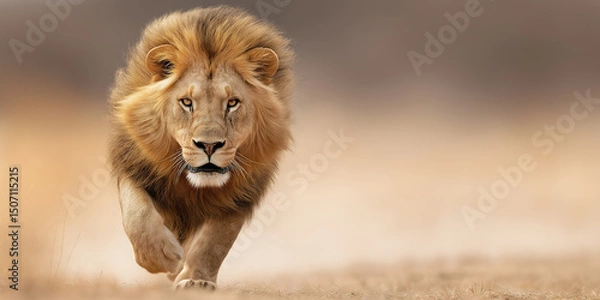 Fototapeta A lion hunting in the African savannah, panoramic wildlife wallpaper with copy space for text.