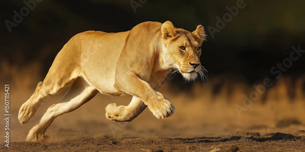 Fototapeta A lioness hunting in the African savannah, panoramic wildlife wallpaper with copy space for text.