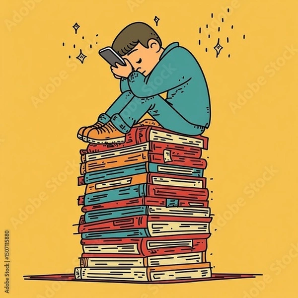 Fototapeta A bored person slouched on a tall stack of books, holding a phone close to their face, showing poor posture and lack of interest.

