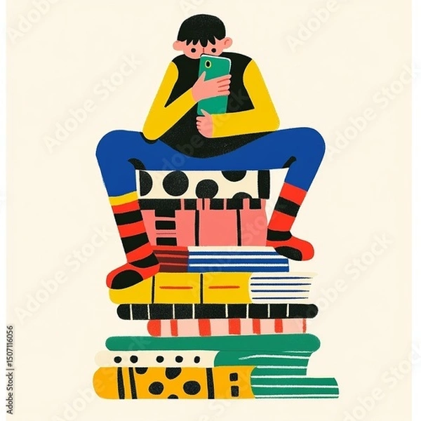Fototapeta A bored person slouched on a tall stack of books, holding a phone close to their face, showing poor posture and lack of interest.

