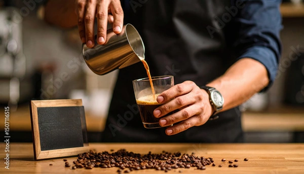 Fototapeta Barista pouring fresh coffee into glass with coffee beans on table showing social impact of small business culture