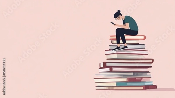 Fototapeta A bored person slouched on a tall stack of books, holding a phone close to their face, showing poor posture and lack of interest.

