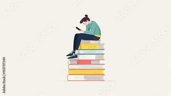 Fototapeta A bored person slouched on a tall stack of books, holding a phone close to their face, showing poor posture and lack of interest.

