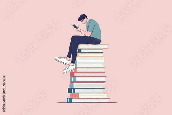 Fototapeta A bored person slouched on a tall stack of books, holding a phone close to their face, showing poor posture and lack of interest.

