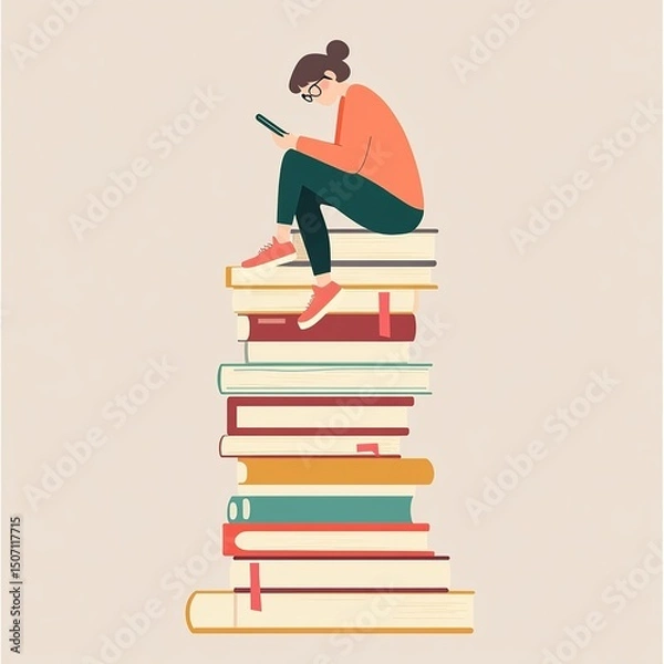 Fototapeta A bored person slouched on a tall stack of books, holding a phone close to their face, showing poor posture and lack of interest.

