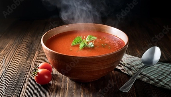 Fototapeta トマトスープ、木のお皿、湯気のアクセント、シンプルに仕上げる、お洒落なお料理の画像 Generated by AI