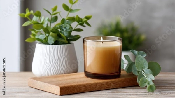 Fototapeta Stylish Home Aromatic Candle Placed on Wooden Tray Next to Decorative Greenery in a Modern Setting Generative AI