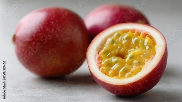 Fototapeta Passionfruit Displayed With Bright Yellow Pulp in the Center Surrounded by Whole Fruits on a Light Surface Generative AI