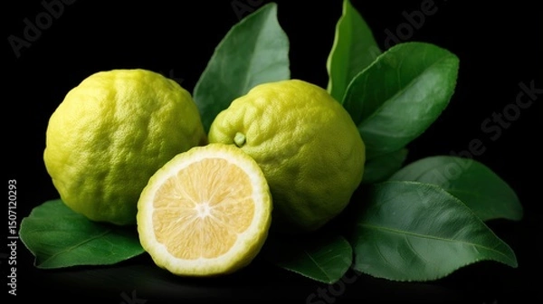 Fototapeta Freshly Harvested Bergamot Fruit Displayed on Green Leaves With a Sliced Piece Revealing Juicy Texture and Aroma Generative AI