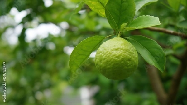 Fototapeta Bergamot Fruit Hanging From a Vibrant Green Tree Branch in a Garden Setting During a Sunny Afternoon Generative AI