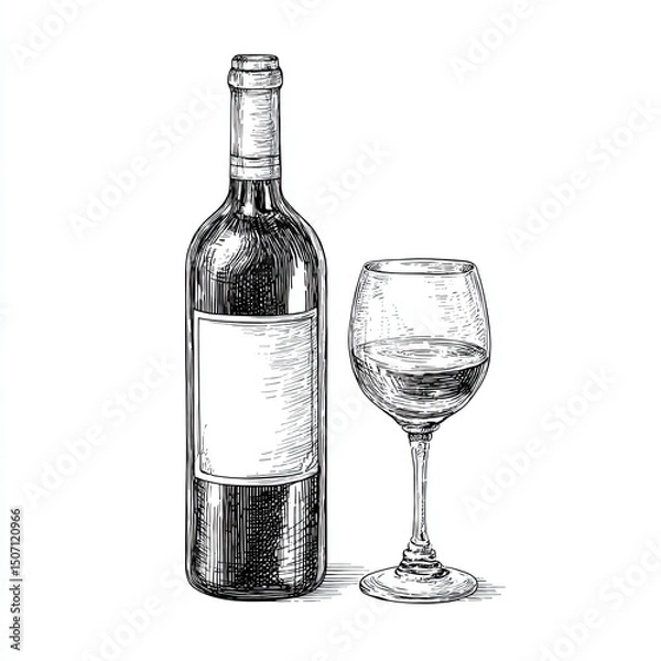Fototapeta Sketch engraving of wine bottle and glass in vintage black and white style on white background