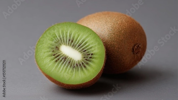 Fototapeta Fresh Kiwi Cut in Half Revealing Vibrant Green Flesh and Seeds, Showcasing Its Texture and Color in a Simple Setting Generative AI