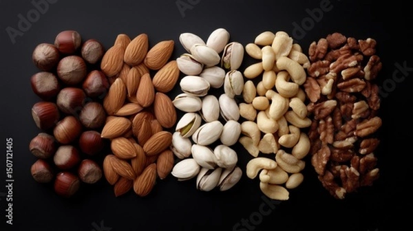 Fototapeta Delicious Assortment of Various Nuts Including Hazelnuts, Almonds, Pistachios, Cashews, and Walnuts on a Black Background Generative AI