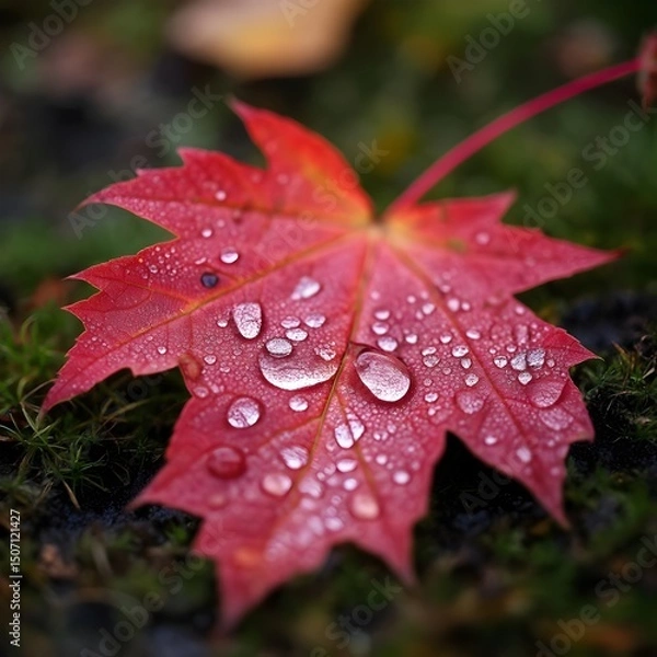 Obraz Close-up of red maple leaf with morning dew resting on forest floor, symbol of autumn and changing seasons in nature