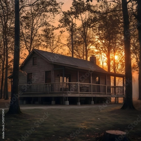 Obraz Rustic wooden cabin nestled among autumn trees with golden leaves, peaceful forest escape surrounded by vibrant fall colors