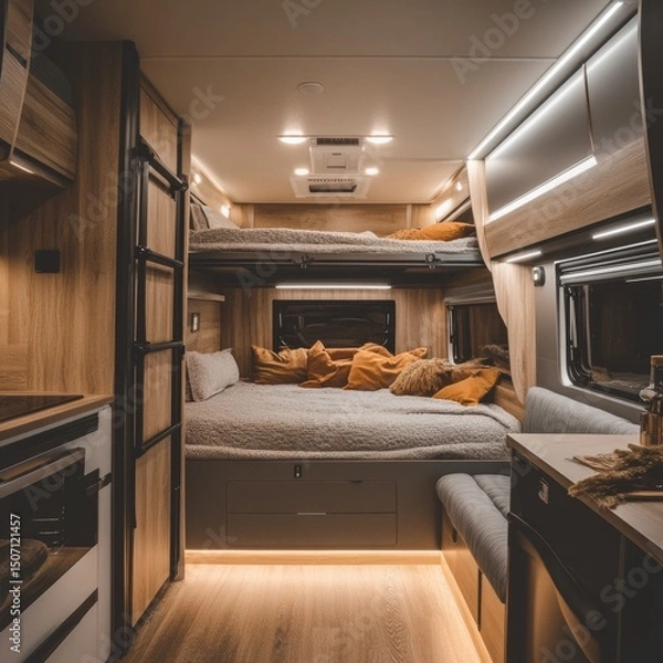Fototapeta A modern and luxurious motorhome interior with a double bed, sofa, kitchenette, and bunks on the left side of the picture. The area is spacious