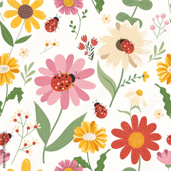 Fototapeta Seamless pattern with chamomile, sunflower and ladybug. Botanical garden with ladybug on flower. Vector seamless pattern