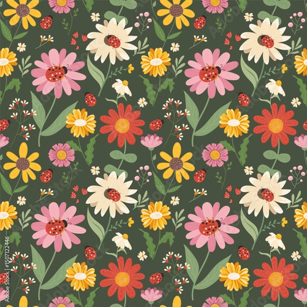 Fototapeta Seamless pattern with chamomile, sunflower and ladybug. Botanical garden with ladybug on flower. Vector seamless pattern on dark background