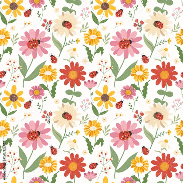 Fototapeta Seamless pattern with chamomile, sunflower and ladybug. Botanical garden with ladybug on flower. Vector seamless pattern